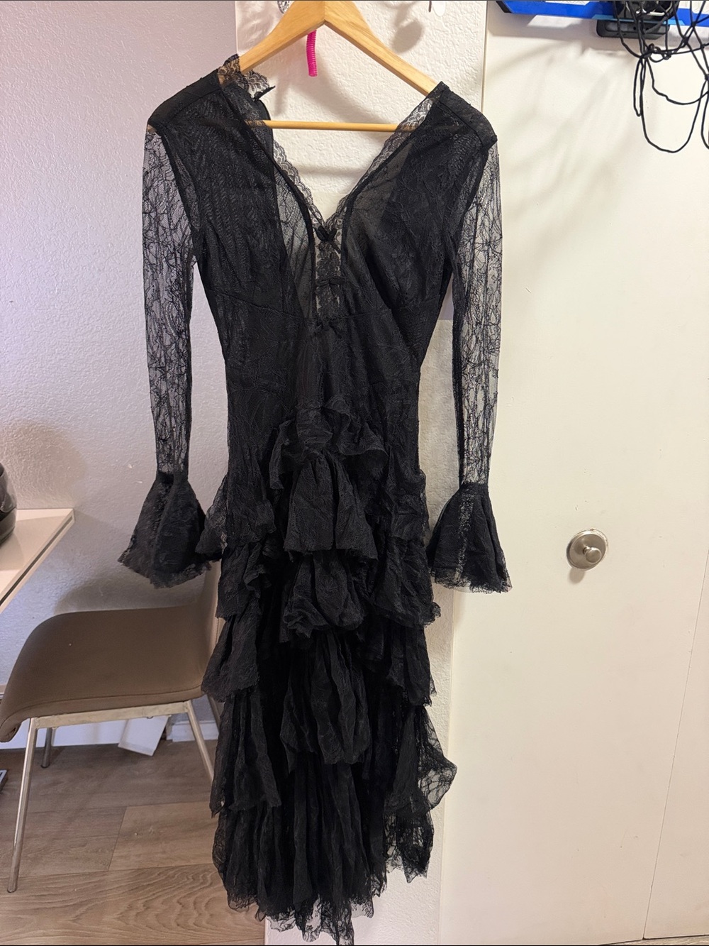 Black Lace Ruffle Midi Dress with Long Sheer Sleeves